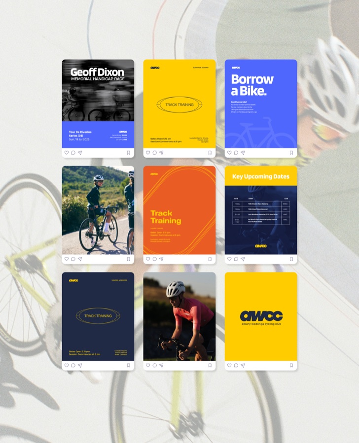 Grid of AWCC social tiles in yellow, blue and navy set over a motion-blurred cycling shot