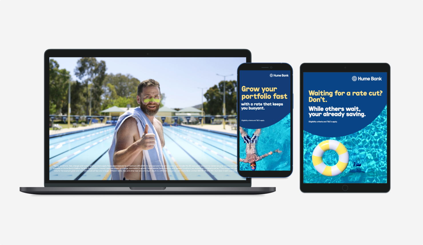 Laptop, phone and tablet showing Hume Bank home loan campaign ads against a swimming pool backdrop