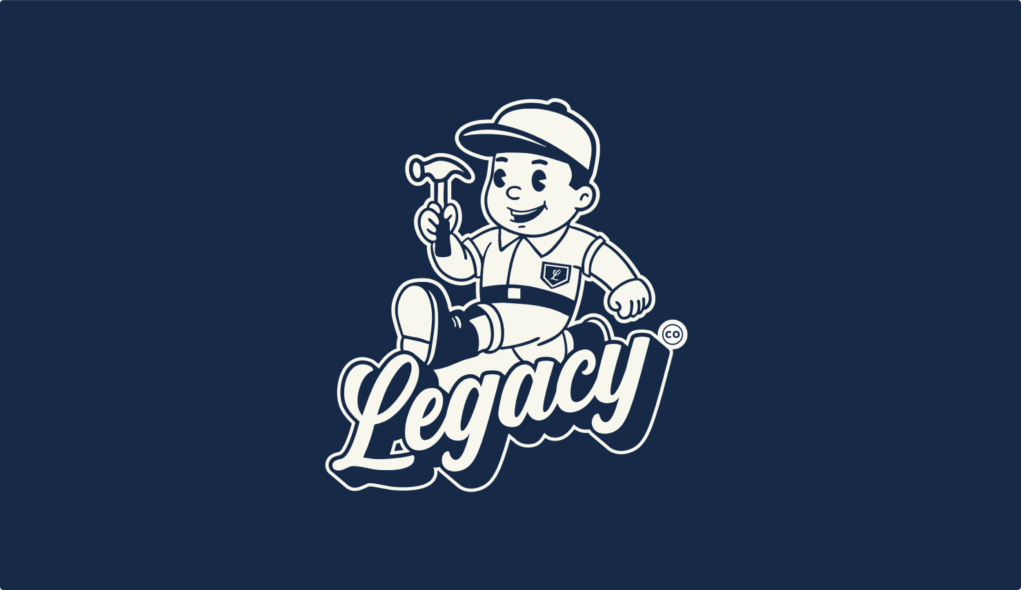 Retro Legacy character mascot holding a hammer above the scripted Legacy wordmark