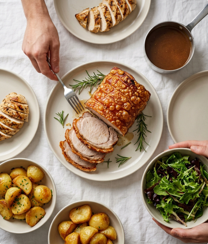 Overhead table spread of crackling roast pork, grilled chicken, roast potatoes, gravy and salad