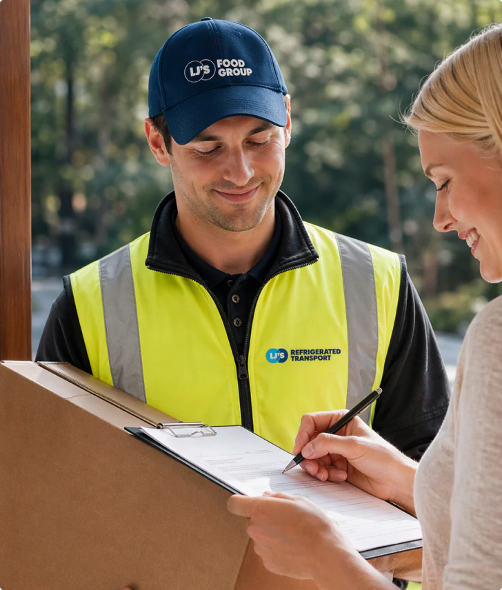 LJ’s Refrigerated Transport driver in hi-vis watching a customer sign a delivery clipboard