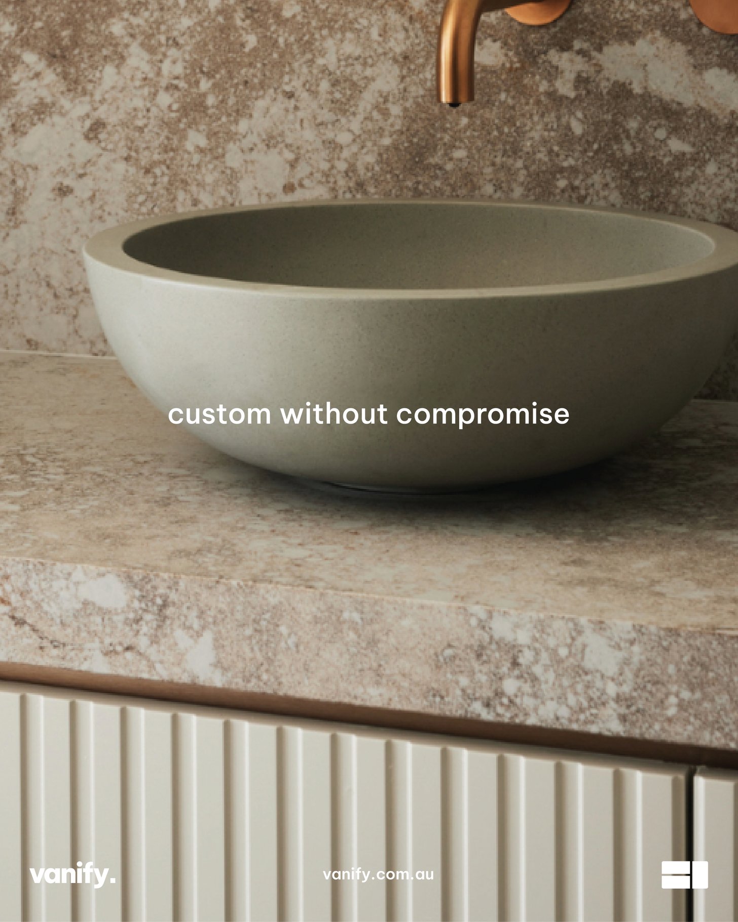 Stone basin on a marble vanity overlaid with the line custom without compromise