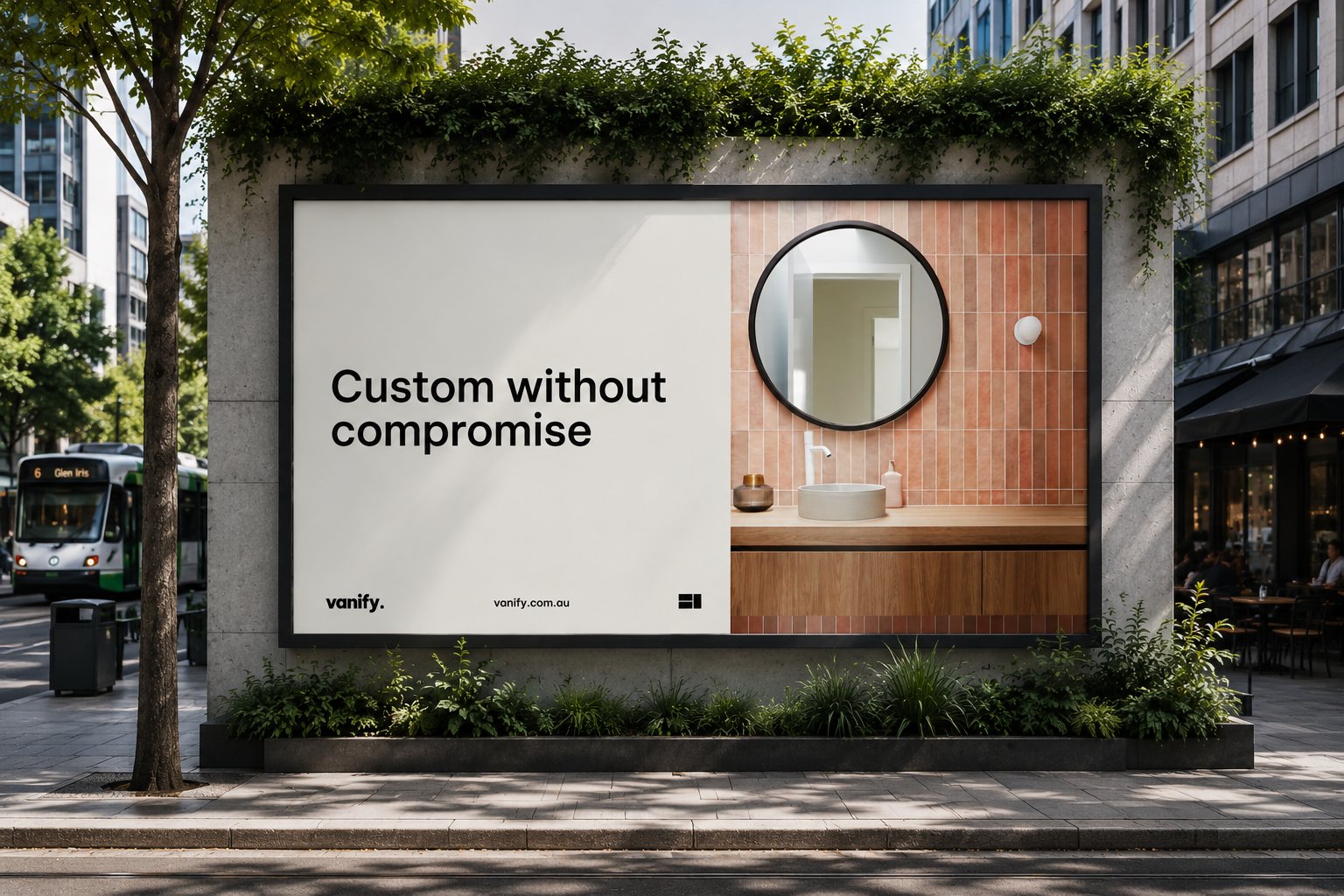 Street billboard mockup of a Vanify “Custom without compromise” campaign ad beside a tiled bathroom shot