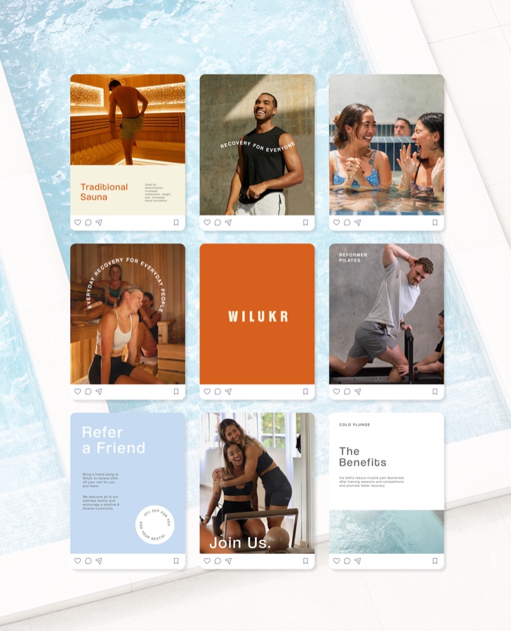 Grid of Wilukr social tiles showing sauna, pool and pilates imagery over rippling pool water